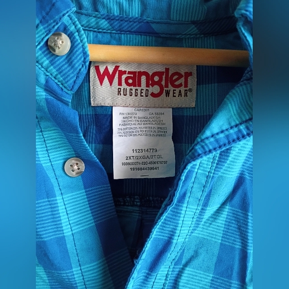 Men's Wrangler Button Down Blue And Teal Plaid Shortsleeve Shirt Size 2XT - Picture 2 of 4